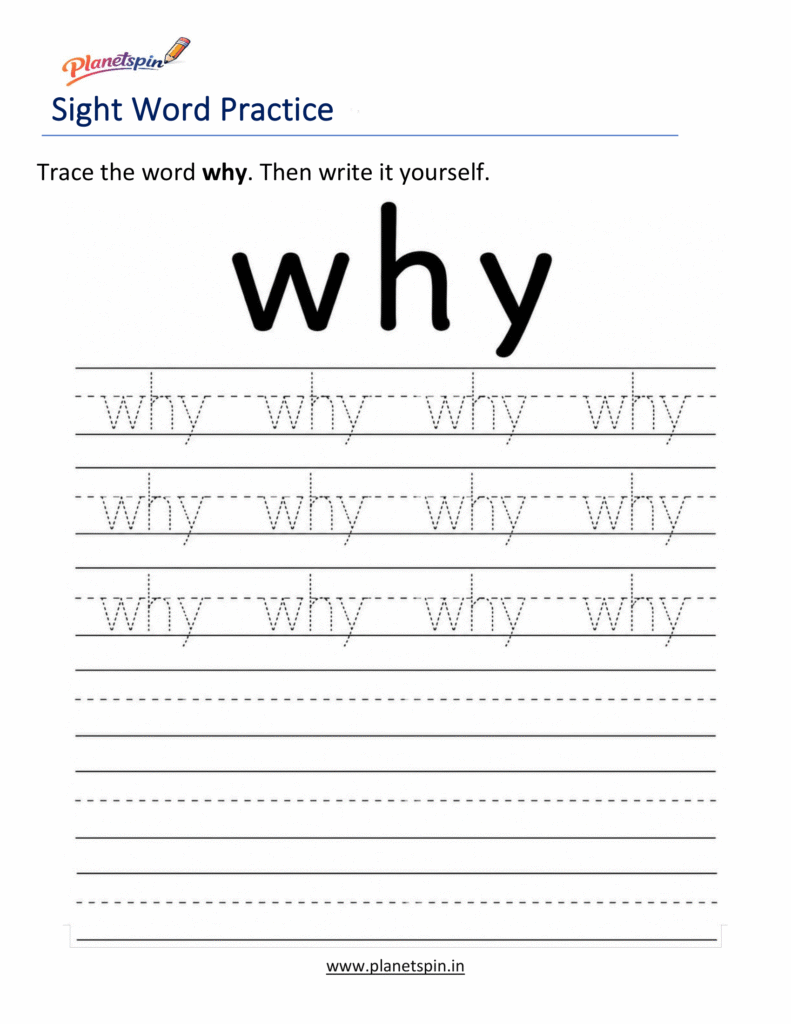 Trace the sight word why worksheet for kindergarten