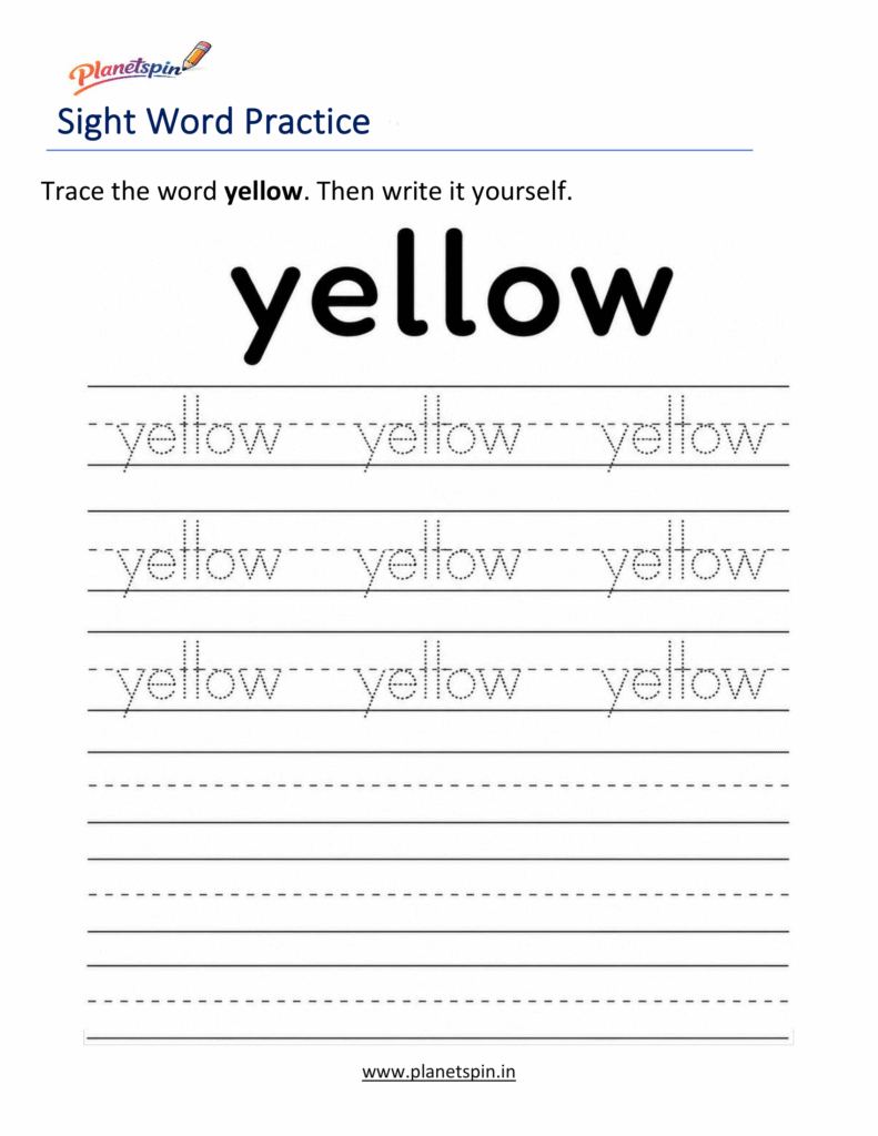Trace the sight word yellow worksheet for kindergarten