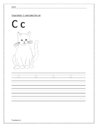 Trace and write the small letter c. Trace and color the cat