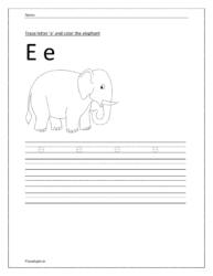 Tracing and writing the small letter e. Trace and color the elephant on worksheets for preschool