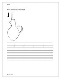 Trace and write the small letter j. Trace and color the jug