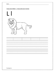 Trace and write the small letter l. Trace and color the lion