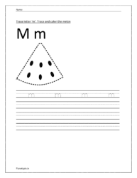 Trace and write the small letter m. Trace and color the melon