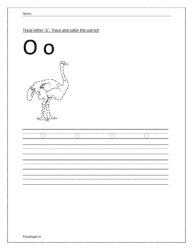 Trace and write the small letter o. Trace and color the ostrich