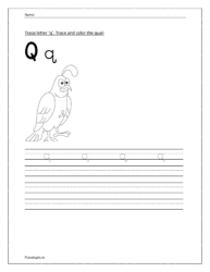 Trace and write the small letter q. Trace and color the quail