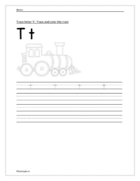 Trace and write the small letter t. Trace and color the train