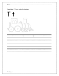 Trace and write the small letter t. Trace and color the train