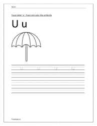 Trace and write the small letter u. Trace and color the umbrella