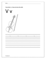 Trace and write the small letter v. Trace and color the violin