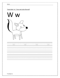 Trace and write the small letter w. Trace and color the wolf