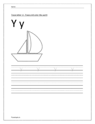 Trace and write the small letter y. Trace and color the yacht