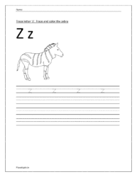 Trace and write the small letter z. Trace and color the zebra