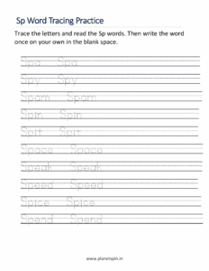 trace sp blend words worksheet for kids