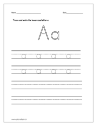 Trace and write the lowercase letter a on four line worksheet.