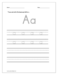 Trace and write the lowercase letter a on four line worksheets and download for free.