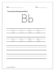 Trace and write the lowercase letter b on four line worksheet.