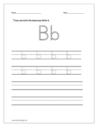 Trace and write the lowercase letter b on four lines.