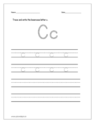 Trace and write the lowercase letter c on four lines.