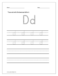 Trace and write the lowercase letter d on four line worksheet.