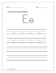 Trace and write the lowercase letter e on four line worksheet.