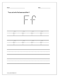 Trace and write the lowercase letter f on four line worksheet.
