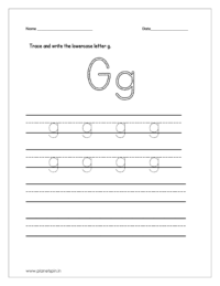 Trace and write the letter g on four line worksheet.