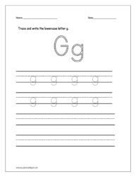 Trace and write the lowercase letter g on four line worksheet.
