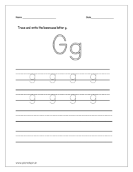 Tracing and writing the lowercase letter g on four line preschool worksheet.