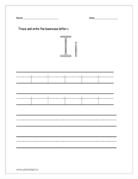 Trace and write the lowercase letter i on four line worksheet.