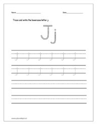 Trace and write the lowercase letter j on four line worksheet.