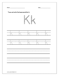 Trace and write the lowercase letter k on four line worksheet.