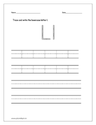 Trace and write the lowercase letter l on four line worksheet.