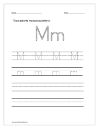 Trace and write the lowercase letter m on four line worksheet.