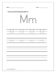 Trace and write the lowercase letter m on four line worksheet.