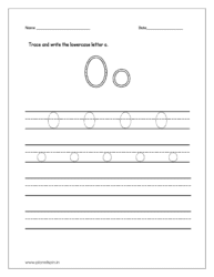 Trace and write uppercase and lowercase letter O on four line worksheet
