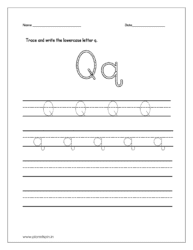 Trace and write uppercase and lowercase letter q on four line worksheet