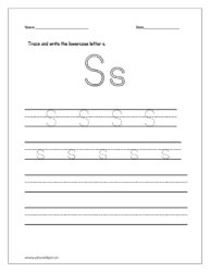 Trace and write uppercase and lowercase letter s on four line worksheet