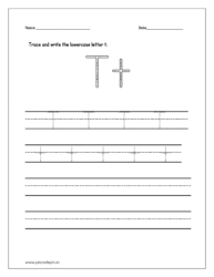 Trace and write the uppercase and lowercase letter t on four line worksheet.