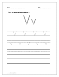 Trace and write the uppercase and lowercase letter v on four line worksheet