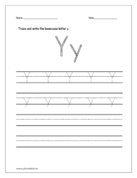 Trace and write the uppercase and lowercase letter y on four line worksheet