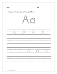 Trace and write the uppercase and lowercase letter a on four line worksheets.