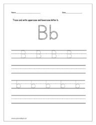 Trace and write the uppercase and lowercase letter b on four line worksheet.