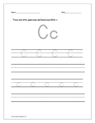 Trace and write the uppercase and lowercase letter c on four line worksheet.