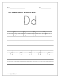 Trace and write the uppercase and lowercase letter d on four line worksheet.