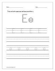 Trace and write the uppercase and lowercase letter e on four line worksheet.