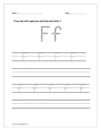 Trace and write the uppercase and lowercase letter f on four line worksheet.