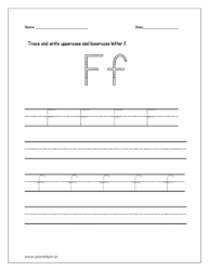 Trace and write the uppercase and lowercase letter f on four line worksheet.