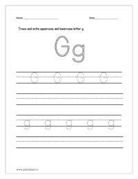 Trace and write the uppercase and lowercase letter g on four line worksheet.