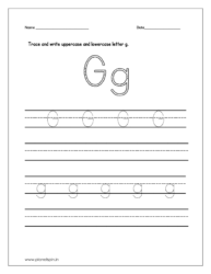 Trace and write the uppercase and lowercase letter g on four line worksheet.