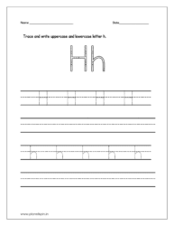 Trace and write the uppercase and lowercase letter h on four line worksheet.
